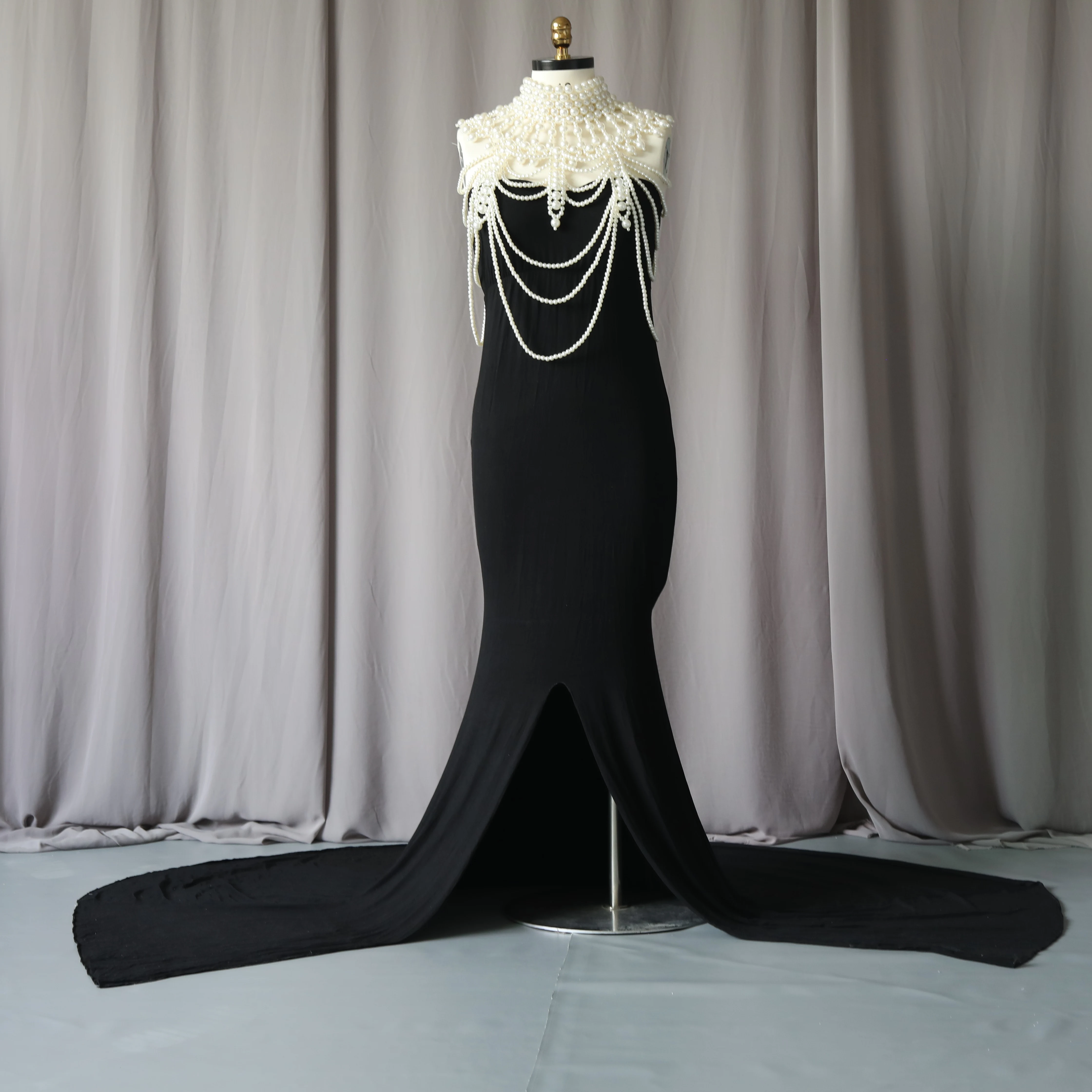 Elegant Maternity Dresses For Photoshoot Stretch Black Maxi Long Dress And Pearl Shawl Set Women’s Robe Photography Body Chain