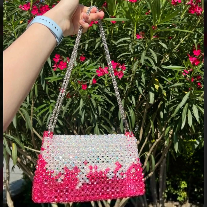 New Crystal Bead Gradient Chain Women's Shoulder Bag Fashion High-end Texture Handmade Banquet Handbags for Women Wholesale