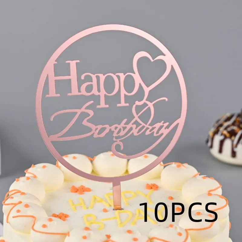 New 10Pcs Happy Birthday Cake Topper Dessert Decoration Red Gold Acrylic Kids Party Cake Topper Baby Shower Gift Baking Supplies