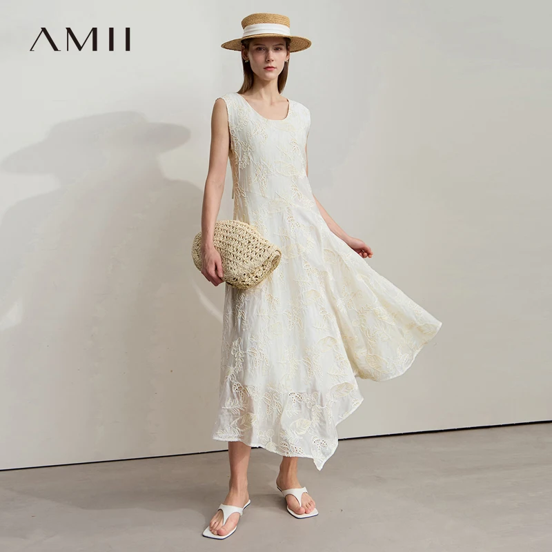 

AMII Light Elegant Dress Art Flower 2025 Summer Vocation Women Long Office Lady Irregular Sleeveless Hollow Dresses 12542191