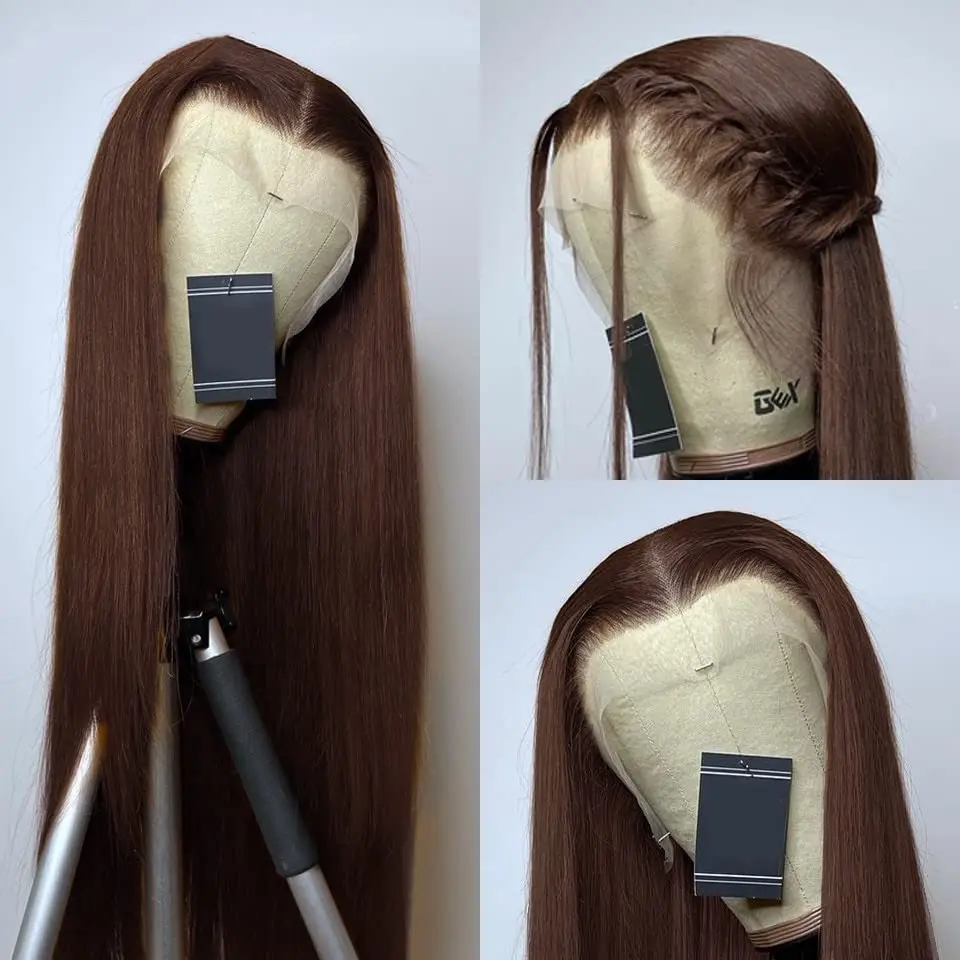 Perruque Full Lace Front Wig 360 naturelle, cheveux lisses, chocolat, 13x4 13x6, pre-plucked, avec baby hair