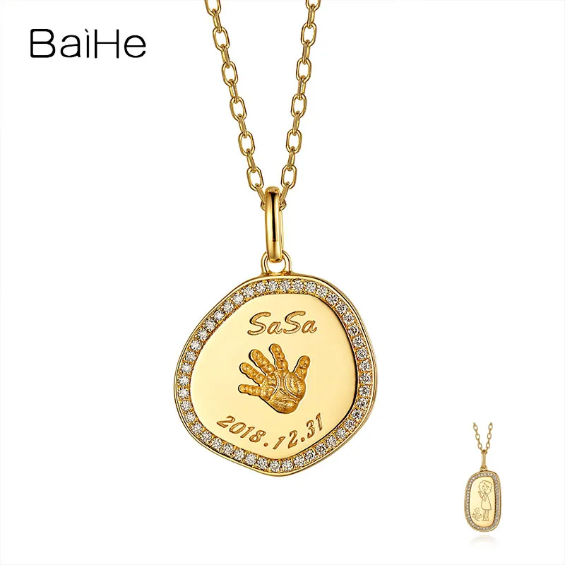 

BaiHe Real 18K Yellow Gold Golden Baby Handprint Footprint Custom Pendant diy Photo Souvenir Trendy Fine Jewelry mother kids