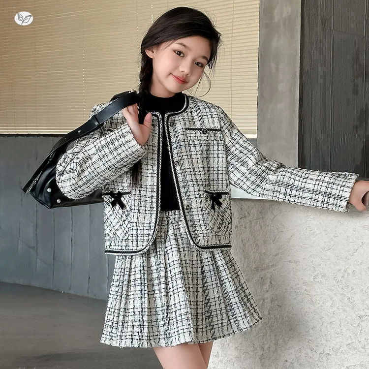 

Новый клетчатый кардиган, куртка + короткая юбка, комплект из 2 предметов, детская одежда, костюм с длинными рукавами для маленьких девочек, комплект для девочек, детская одежда, весна-осень