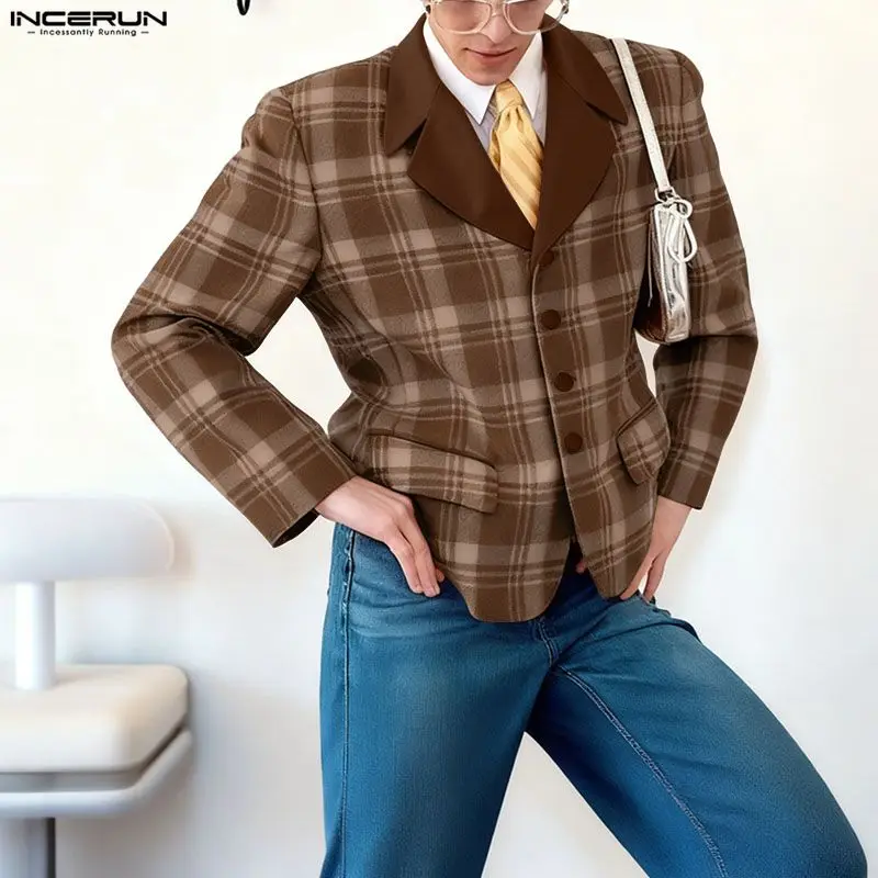 

INCERUN мужской клетчатый пиджак с лацканами и длинными рукавами на пуговицах, повседневный мужской костюм, уличная одежда, элегантное модное тонкое пальто для отдыха, мужской пиджак 2025