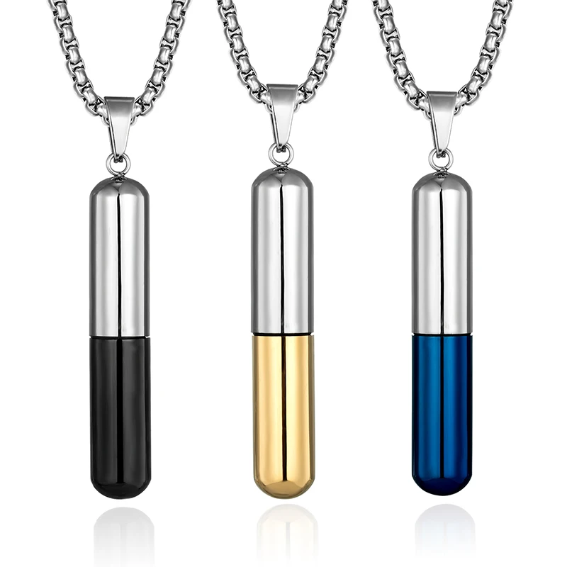 Cylindrical Perfume Box Stainless steel Pendant Pet Urn Necklace Drifting bottle pendant that can hold capsules pills fetal hair