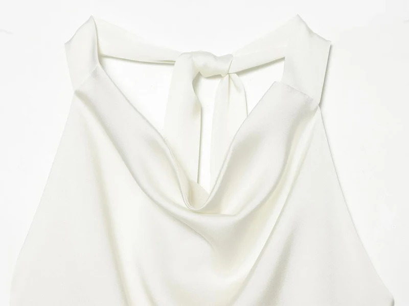 HXAO Satin-Neckholder-Top für Damen, weiß, asymmetrisch, ärmellos, mit offenem Rücken, für den Sommer, schwarz, elegant, rückenfrei, mit Bändern, Tank-Tops – Detail 5