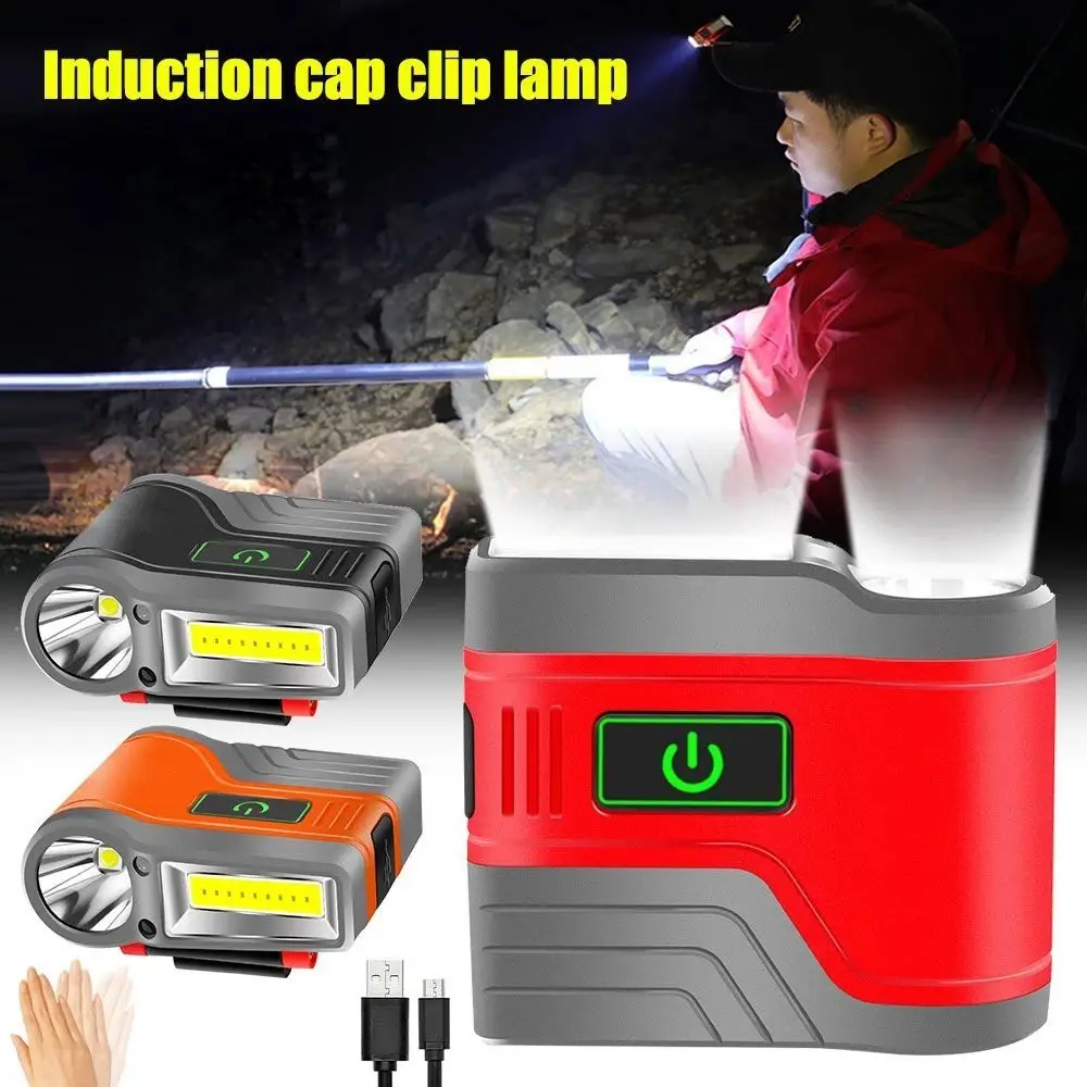 Plastic LED Fishing Headlamp Black Orange Red 15cm Smart Sensor Cap Clip Light USB Rechargeable Waterproof Camping Headlight