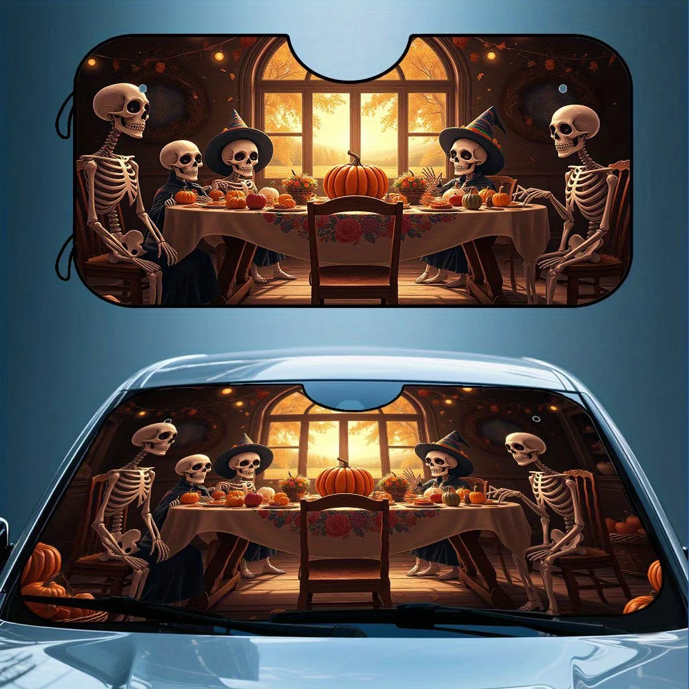 

1pc, Halloween Car Windshield Sunshade With Halloween Skeletons Autumnal Feast Still Life Design, Portable Foldable Front Sun Vi