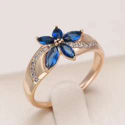 Kinel New Blue Natural Zircon Ring for Women 585 Rose Gold Flower Rings Vintage Ethnic Bride Wedding Jewelry Party Accessories