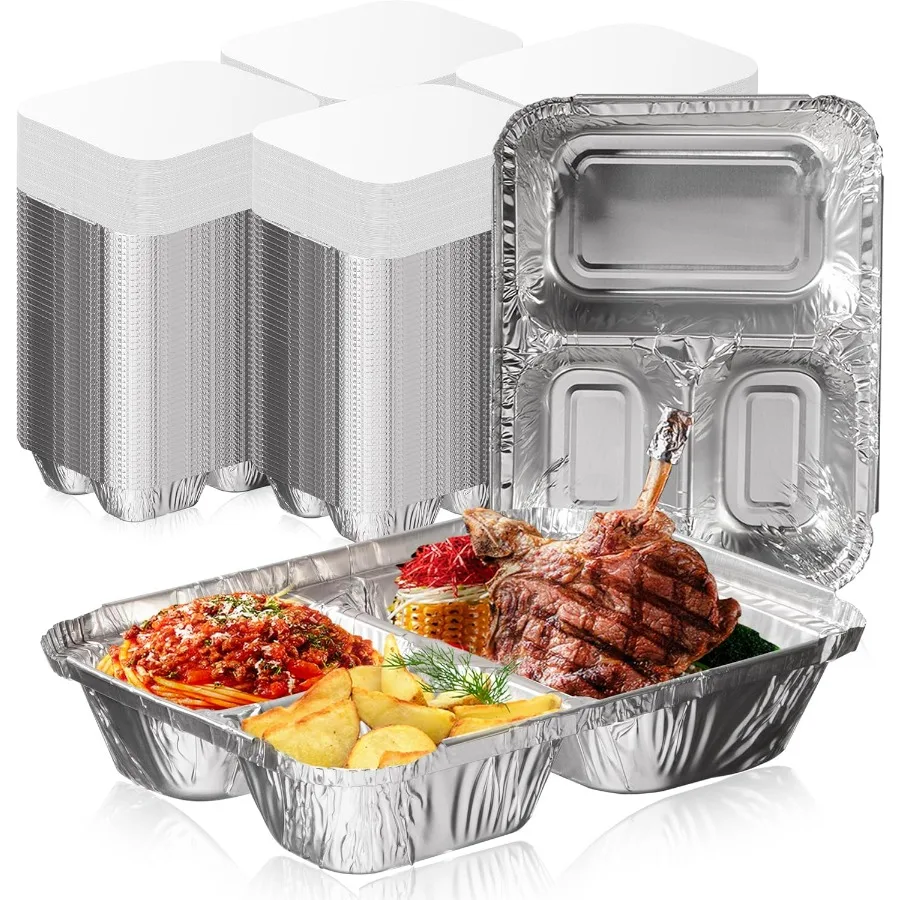 

Подходит для приготовления еды, упаковка 250 шт., 3 отделения, 8,5 x 6,5 x 1,5, прямоугольная одноразовая сковорода из алюминиевой фольги, выносные контейнеры для пищевых продуктов с фла