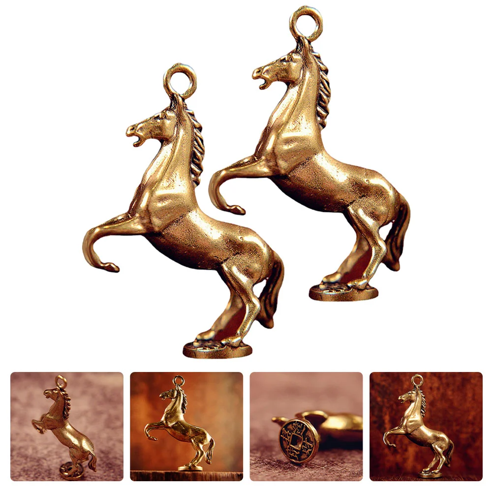 

2 Pcs Money Horse Keychain Rings Brass Keyring Pendant Decoration DIY Hanging Retro Bag Animal Statue Crafts
