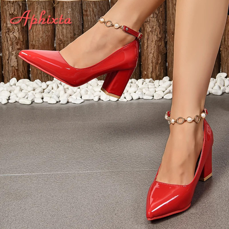 Aphixta Hot Sale White Red 7cm Chunky Heels Pumps Women Shoes Bling Crystals Luxury Rhinestone String Bead Plus Big Size 35-53