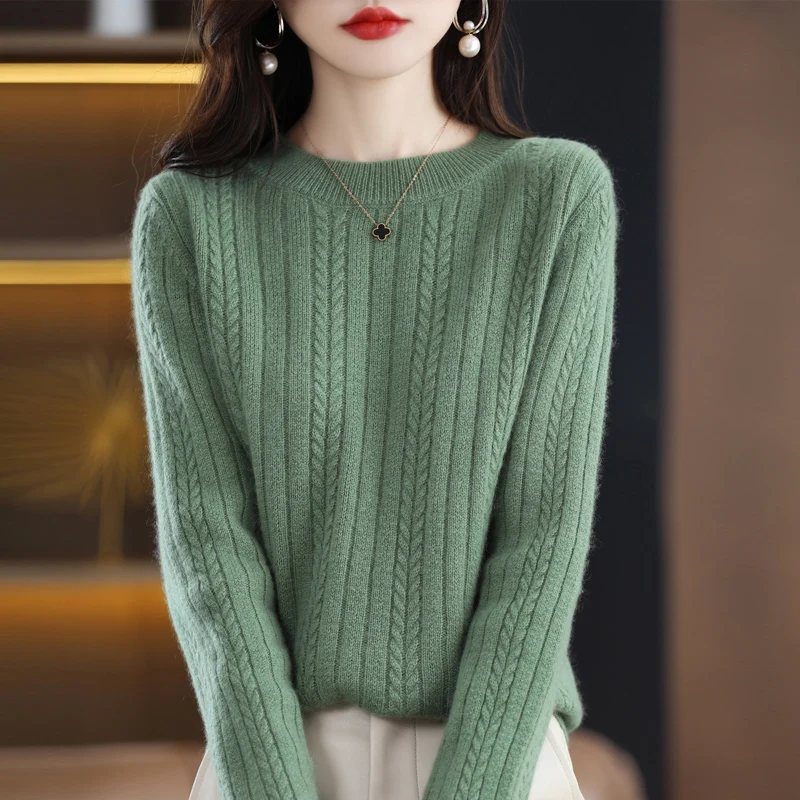 Women's Sweater Thickened Autumn And Winter Warm Pure Wool Round Neck Jacquard Loose Pullover Long-Sleeved Sweater 22 New Tops