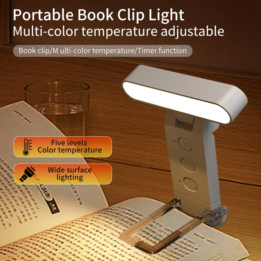 

USB Book Light Rechargeable Eye Protection Reading Lamp 5 Colors Temperatures Dimmable Book Clip Light Portable Bookmark Light