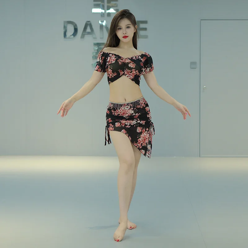 Conjunto de roupa personalizada para prática de dança do ventre, com impressão de gaze de água e padrões florais, fantasia de performance plus size