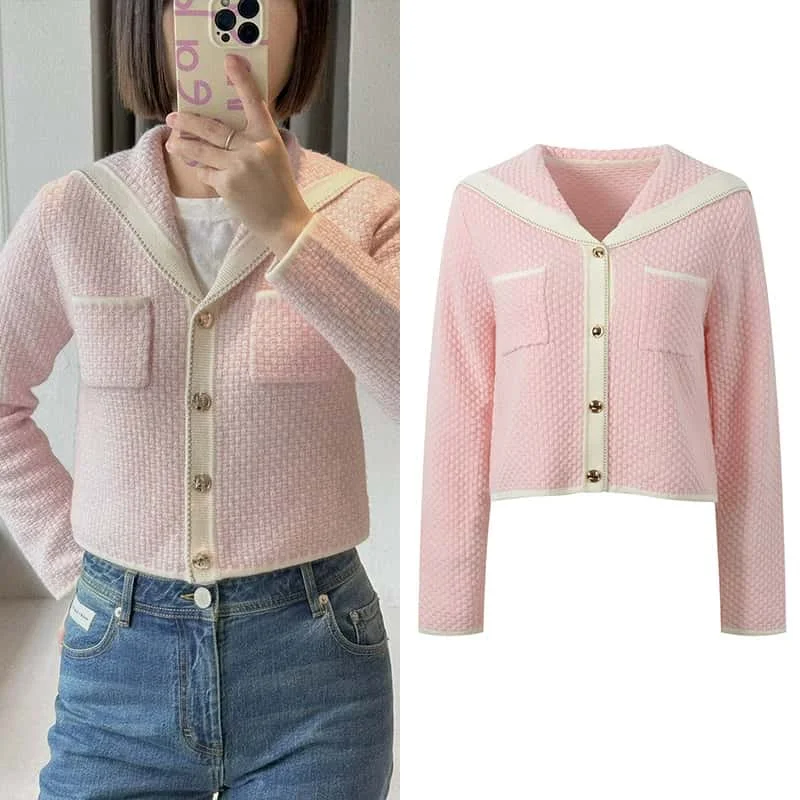 

Autumn New Knitted Cardigan For Women Coat Navy Neck Long Sleeve Single Breasted Temperament Contrast Color Ladies Sweater Tops