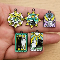 10pcs Sun Cat Tarot Charm for Jewelry Making Enamel Necklace Earring Pendant Diy Accessories Alloy Metal Black Plated