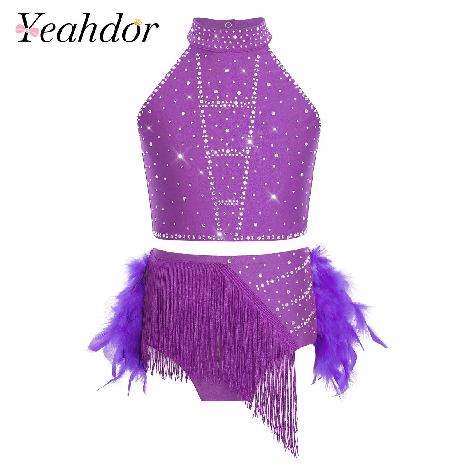 Feather Latin Dance Outfit Kids Girls Dancewear Sets Shiny Ballroom Fringe Chacha Rumba Tango Salsa Dancing Performance Costume