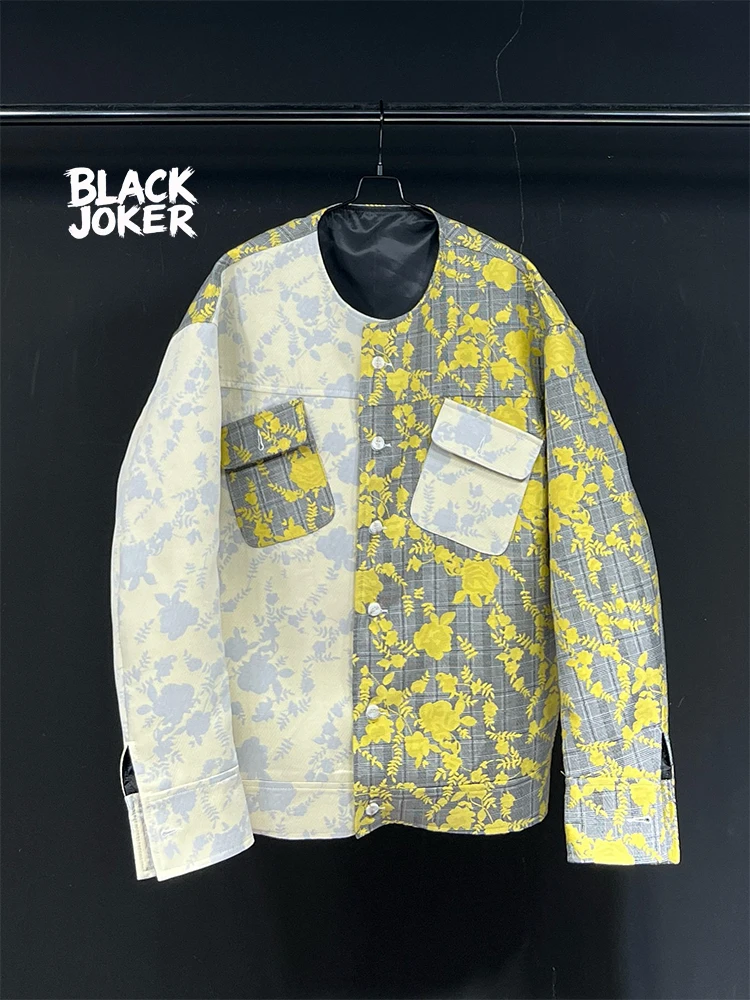 BLACK JOKER Original Design New Style High-grade Plaid Floral Crewneck Jacket Burned Flower Color-matching Top unisex tops