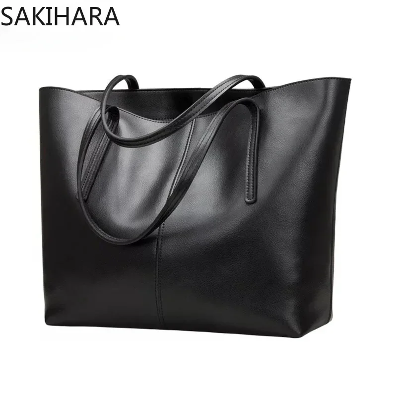 Shoulder Bag Solid Color Cow Leather Large Capacity Tote Bags for Women Casual All Match Kpop Soft Teenager Bolsos Para Mujer