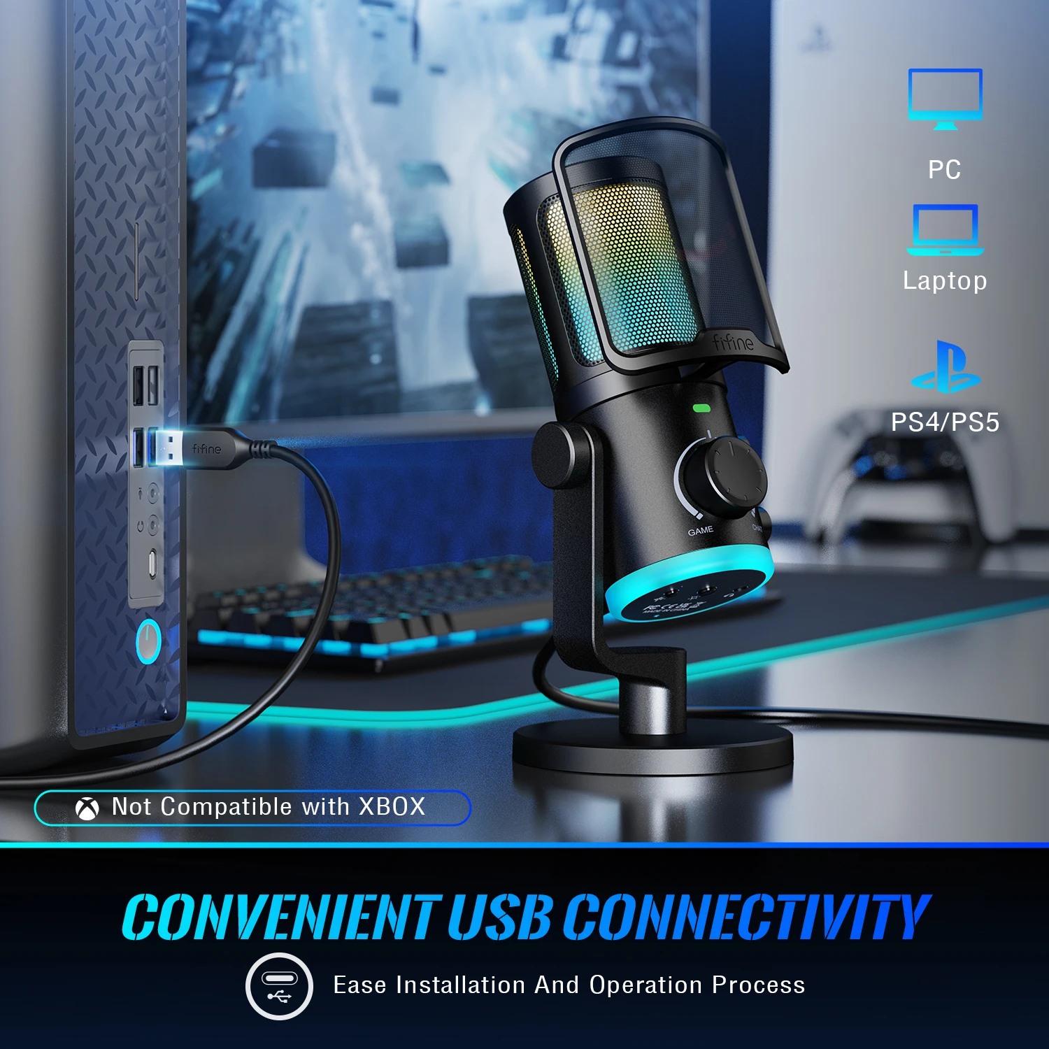 Imagem -06 - Fifine-microfone Usb Gaming com Controle de Volume Microfone Condensador Rgb para Podcast Discord-ampligame Am6 Balanço do Chat do Jogo