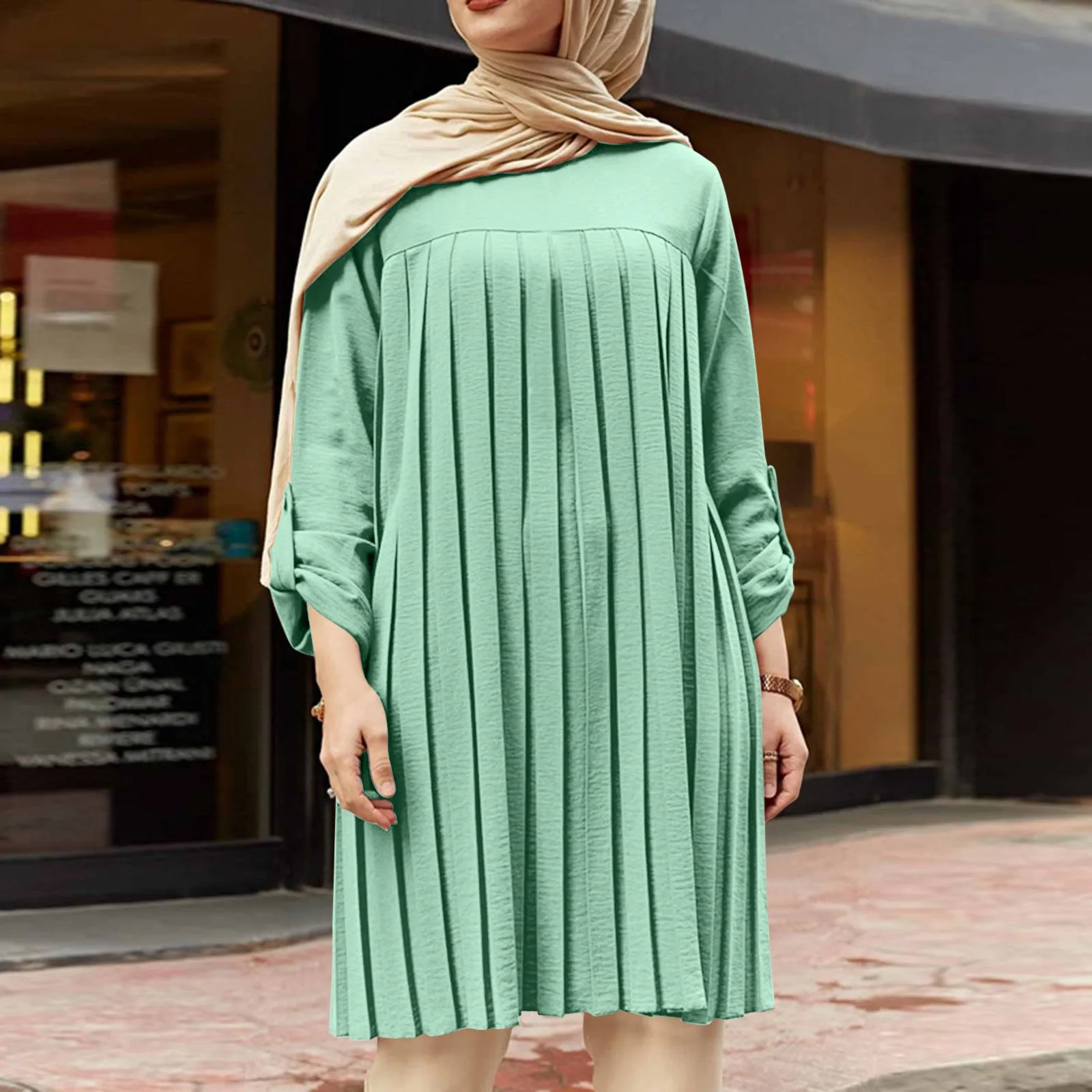 

Muslim Pleated Blouse Dress For Girl Women Hot Tops Adjustable Sleeve Solid Color Shirt Islamic Wear Summer O-neck Streetwear