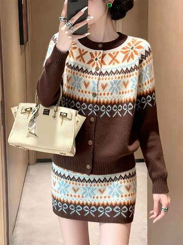 

Комплект из вязаного кардигана и юбки Feilao Island: модный женский осенне-зимний костюм-двойка укороченной длины