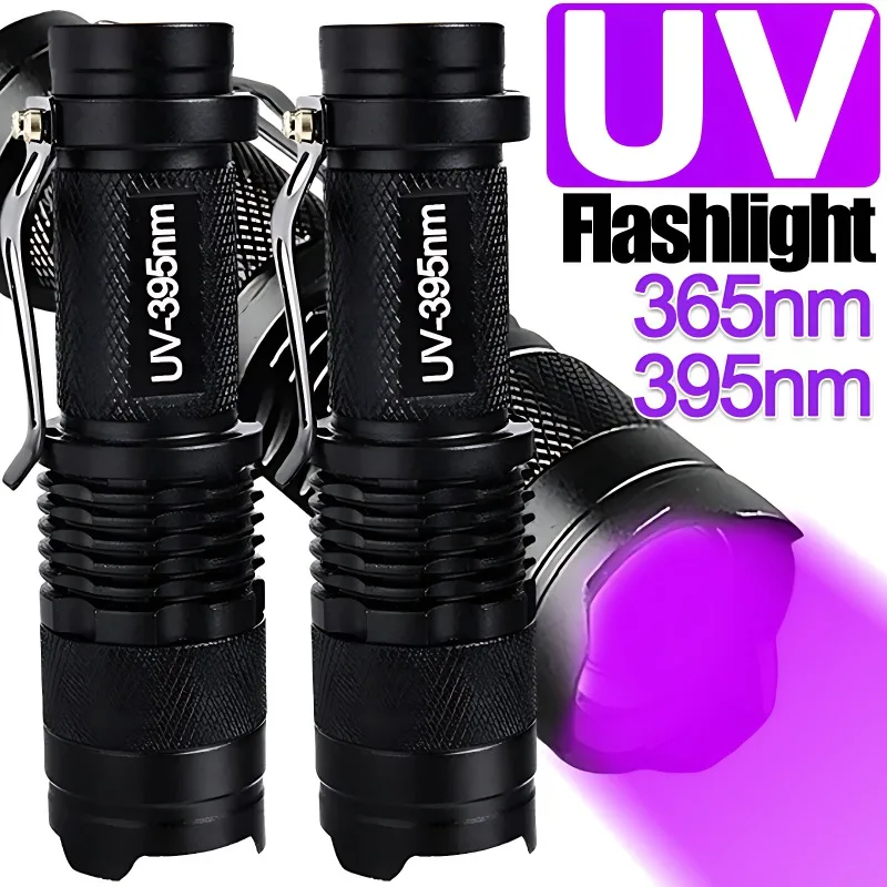 Linterna LED UV portátil, luz negra ultra violeta, 395/365nm, antorchas ultravioleta retráctiles, lámpara detectora de manchas de orina para mascotas