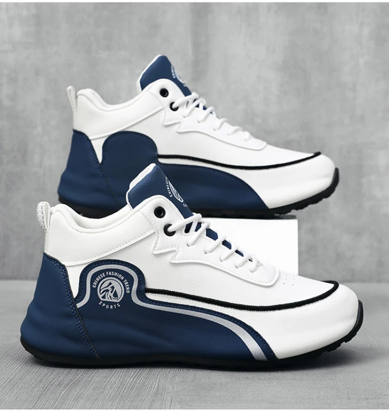 Men'S White And Navy High Top Sneakers Leather And Synthetic Upper Lace Up Design Non Slip Thick Sole Casual Athletic Shoes