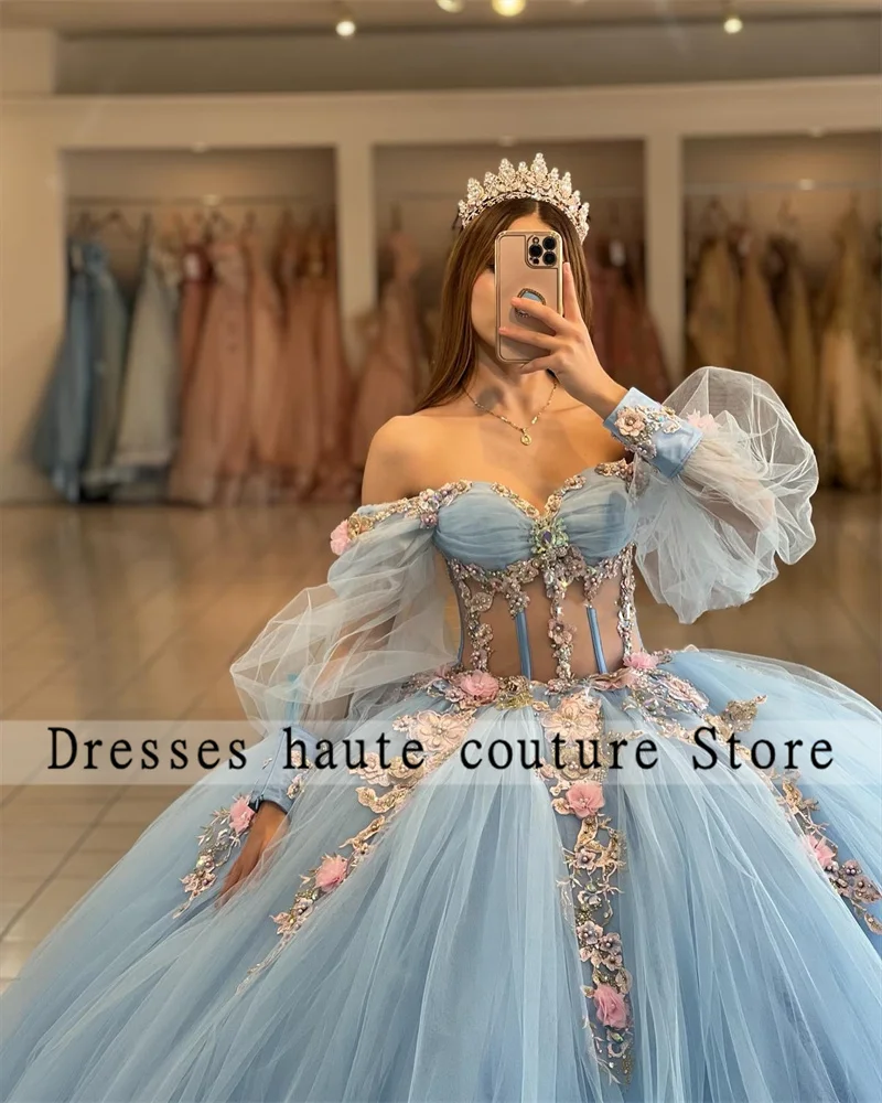 Sky Blue Lace Appliques Quinceanera Dresses 2025 Long Sleeve Crystals Ball Gown Sweet 16 Dress Customized Vestido De 15 Anos