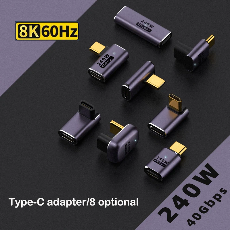 Type-C OTG Adapter USB4 40Gbps Support 8K60Hz 5A 240W PD Fast Charging Data Converter 90/180 Degree Elbow Connector for PC Phone