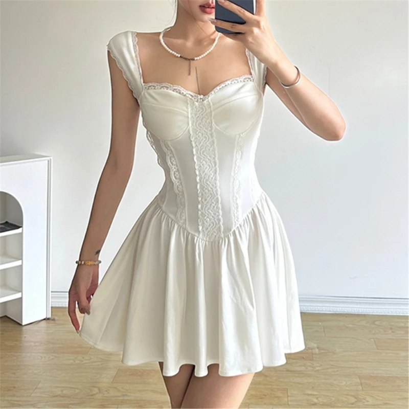 

Women French Sweetheart Neck Pleated Swing Short Dress Lace Trim Sleeveless Corsets A Line Ruffle Bodycon Dresses