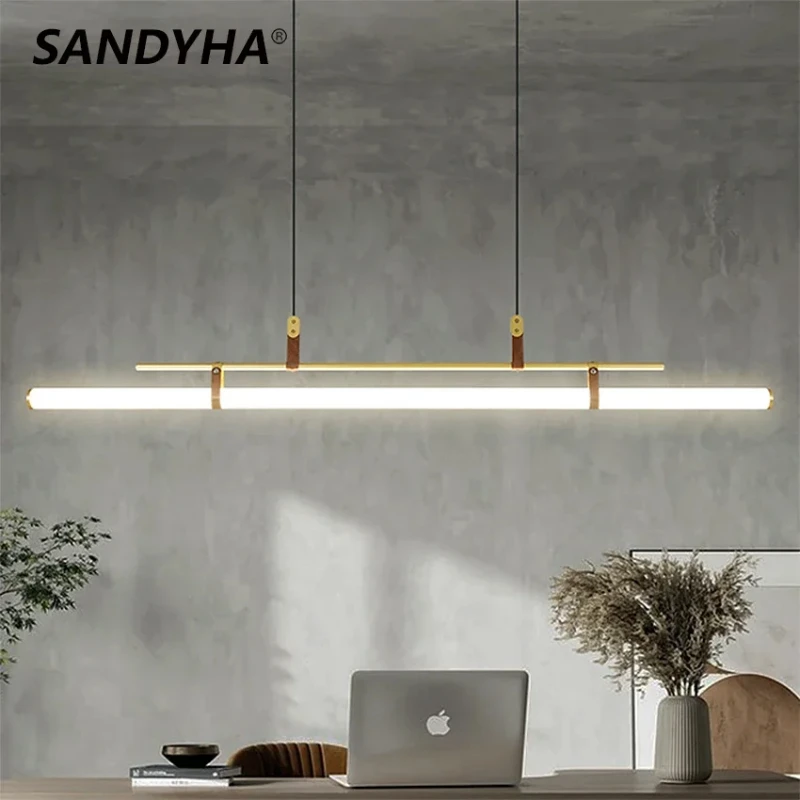 

SANDYHA Modern Leatherwear Pendant Lights Long Strip Hanging Chandeliers for Living Room Dining Table Lighting Home Decoration