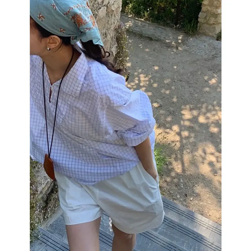 

French Sle Loose Fit Plaid irt Women's Long Sve Turn-down Collar ket Detail Breathable Comfortable Summer irt