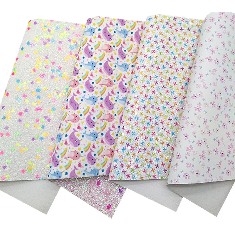 Dolphines Custom Two Sided Glitter Leather Sheets Stars Printed Glitter Leather Flowers Leather For Bows DIY 21x29CM Q1103