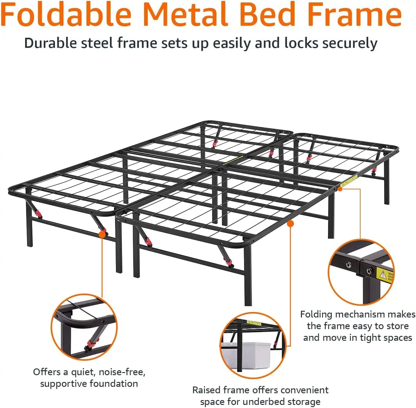 Bed Frame with Storage, Foldable Metal Platform, Sturdy Steel, No Box Spring Needed, 14 inches High, Tool-Free Set