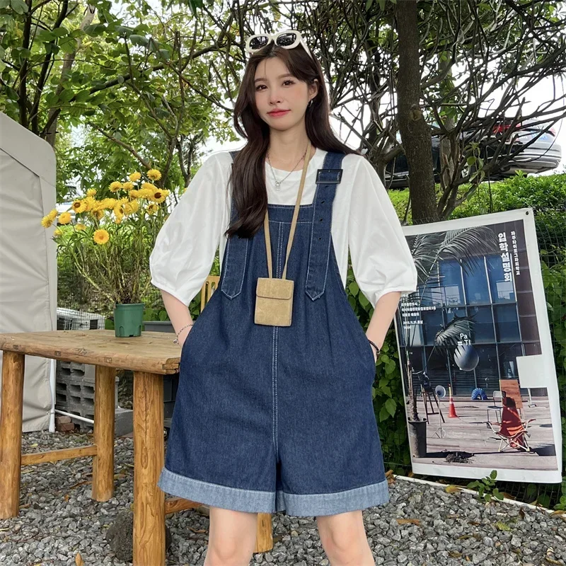 

Y2k Fashion Cowboy Strap Shorts Women's Summer Denim Shorts Jumpsuit High Waist Loose Curled Edge Fresh and Cute Wide Leg Jeans