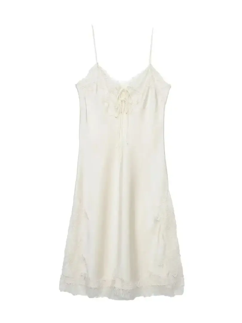 Robe élégante en Satin de soie et dentelle pour femmes, bretelles beiges, col en v, Sexy, ample, dos nu, à lacets, fendue, Robe de soirée, nouvelle collection 2025