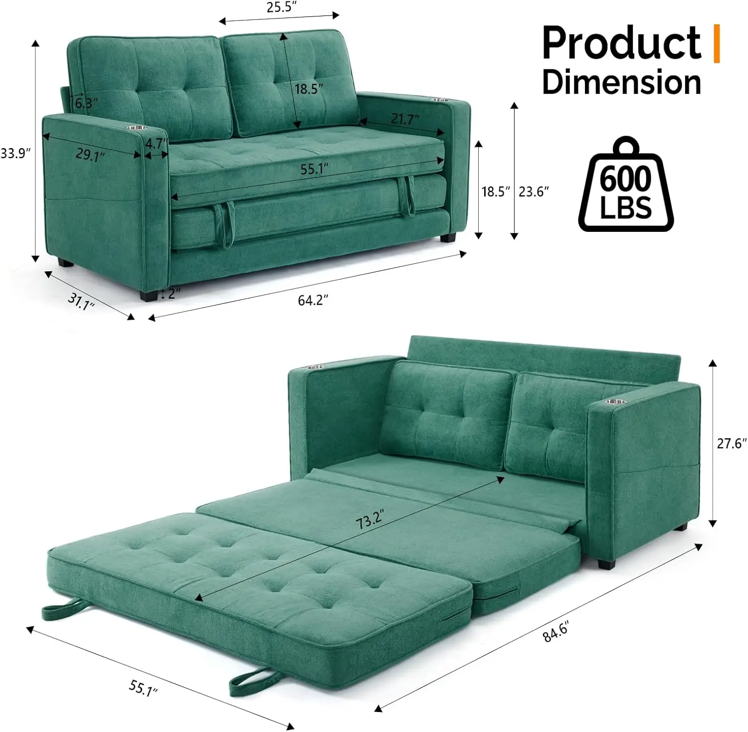 Sofa Bed Full Size Pull Out Couch Bed Teal Blue Futon Couch Loveseat Sleeper Floor Couches for Living Room Convertible Loveseat