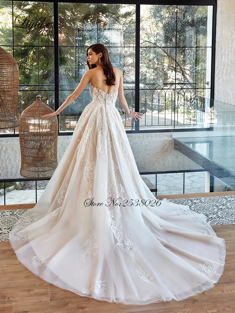 Liyuke personalizado feito a linha vestido de casamento fora do ombro querida beleza bordado rendas vestidos de noiva