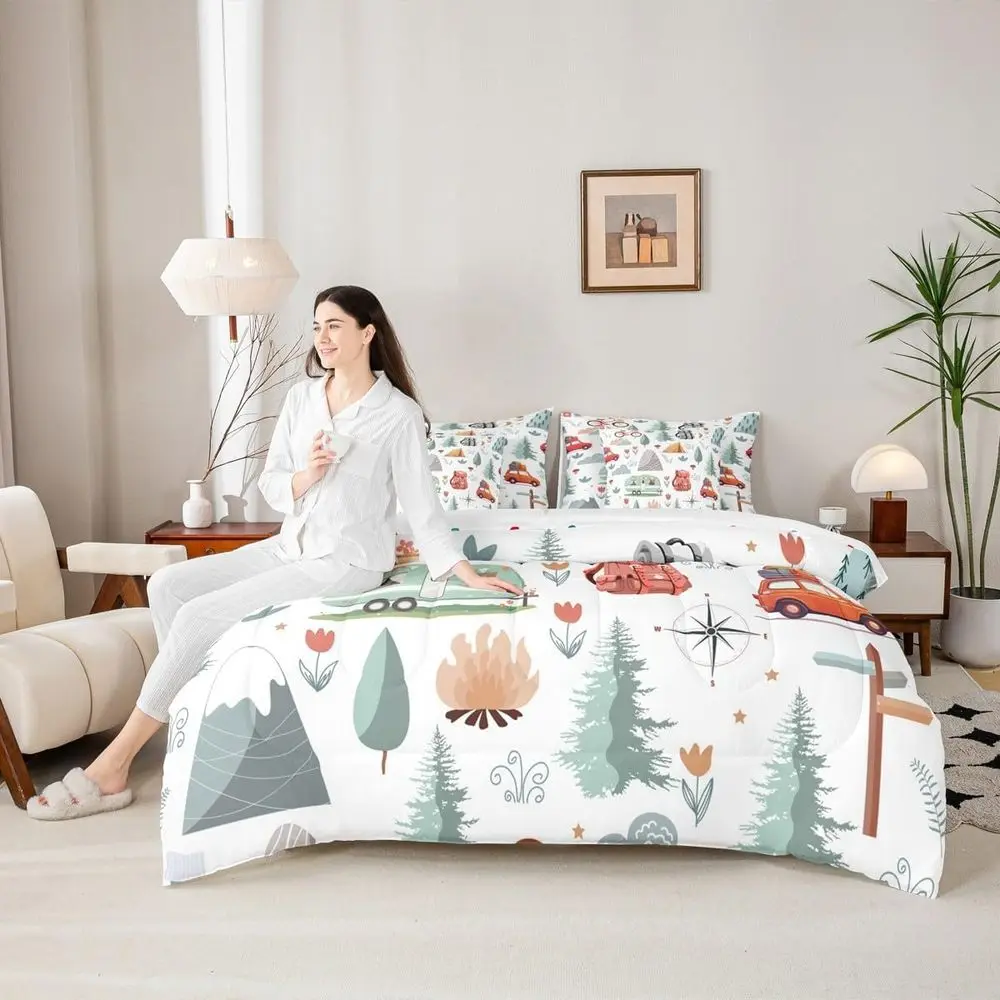 Twin Size Happy Camping Comforter Set with 7 Pieces, Botanical Flowers & Mountain Adventure Theme, Perfect for Travel and RV Use
