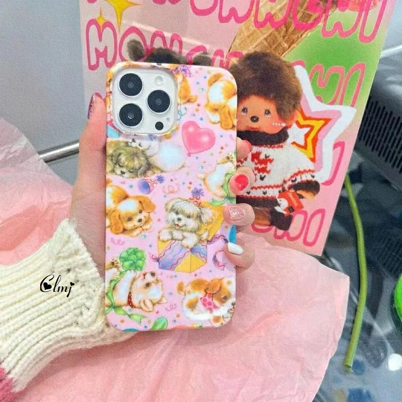 Cute Vintage Y2K Dog Phone Case for iPhone 16 15 14 13 12 11 Pro Max XS XR XSMax 6 7 8 Plus Glossy HD Hard PC Cover
