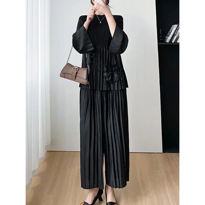 YUDX Miyake Pleated 2 Pieces Set Women Beading Full Flare Sleeve Loose 3D Flowers Top + Wide Leg Trousers New 2024 Spring