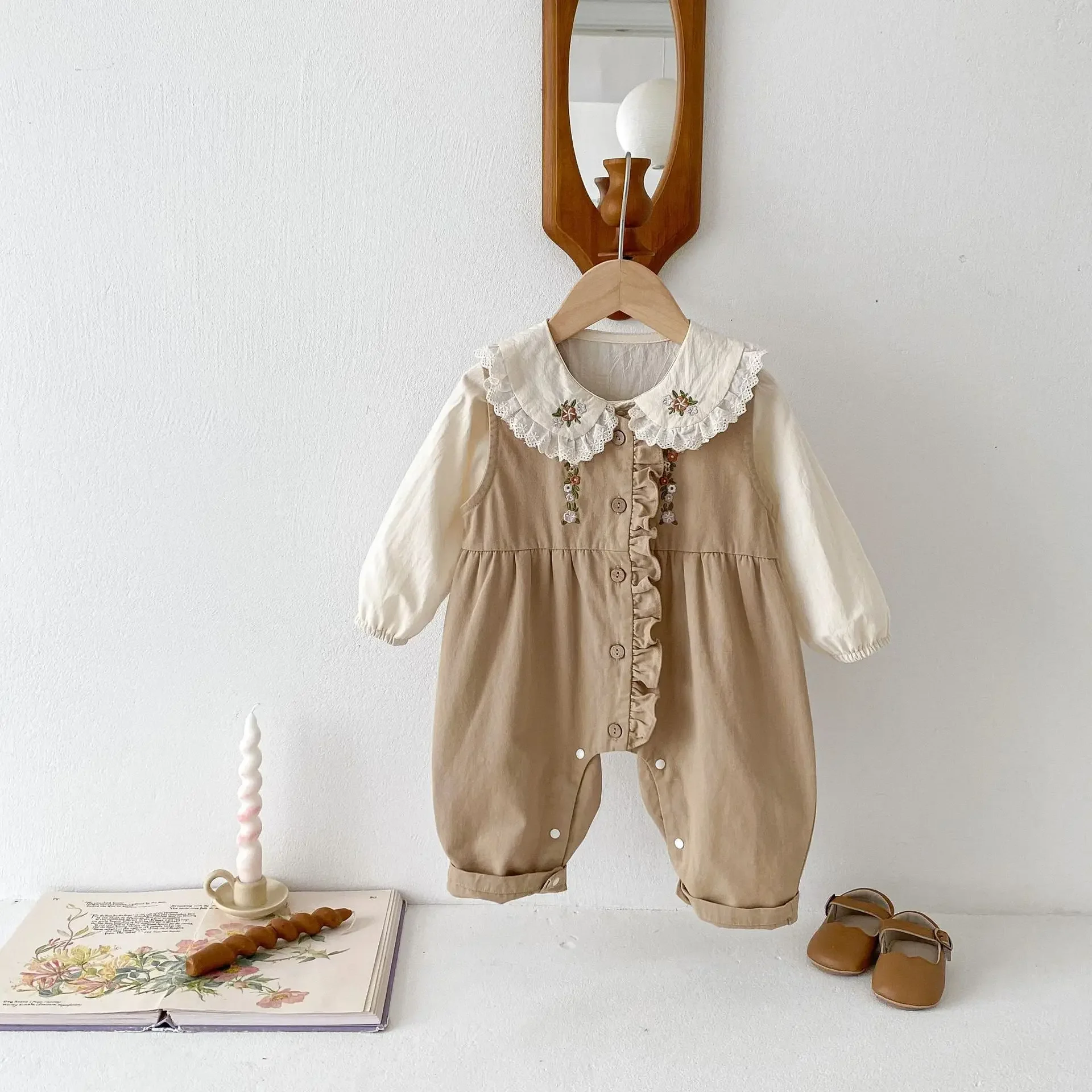 

Girls set beige blouse and bodysuit embroidered 0-5 years old autumn children's clothingset baby girl clothes fashion simple