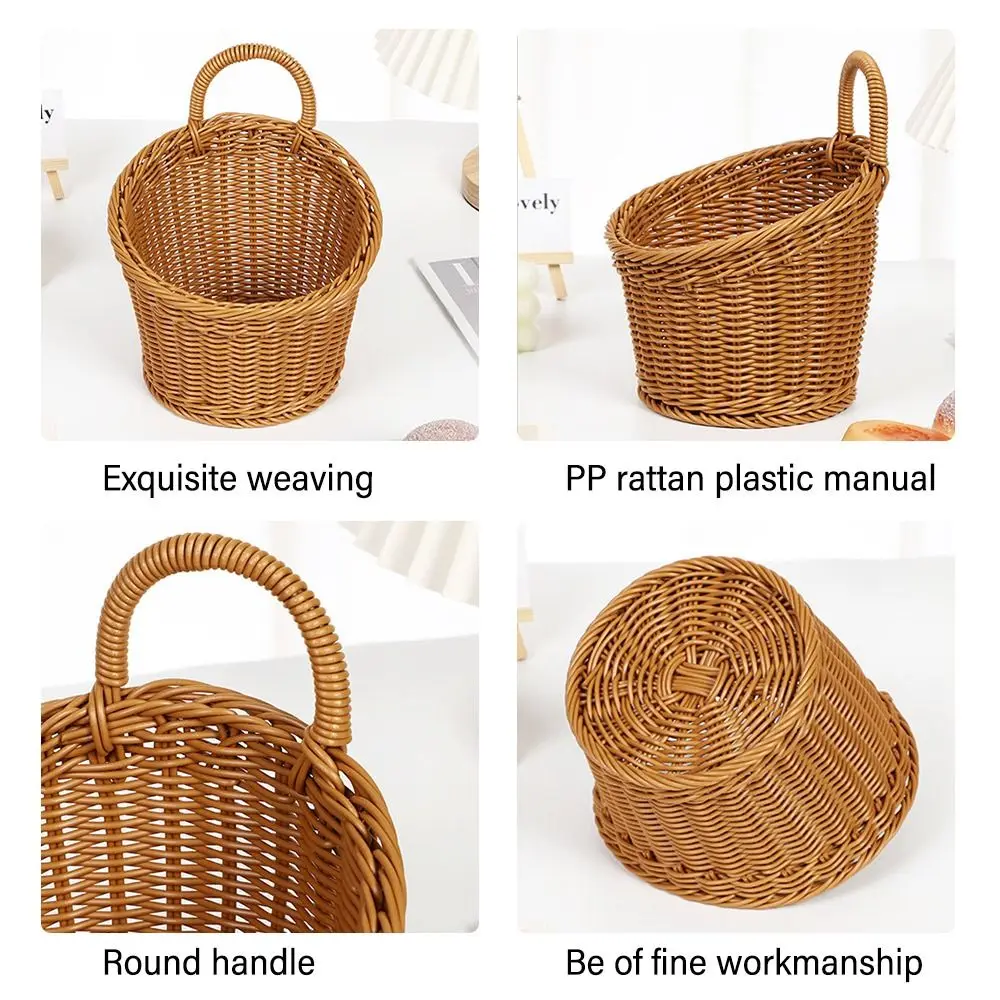 Imitation Rattan Kitchen Storage Basket Home Decoration with Handle Hand-woven Hanging Baskets Vegetable Fruit Flower Brown