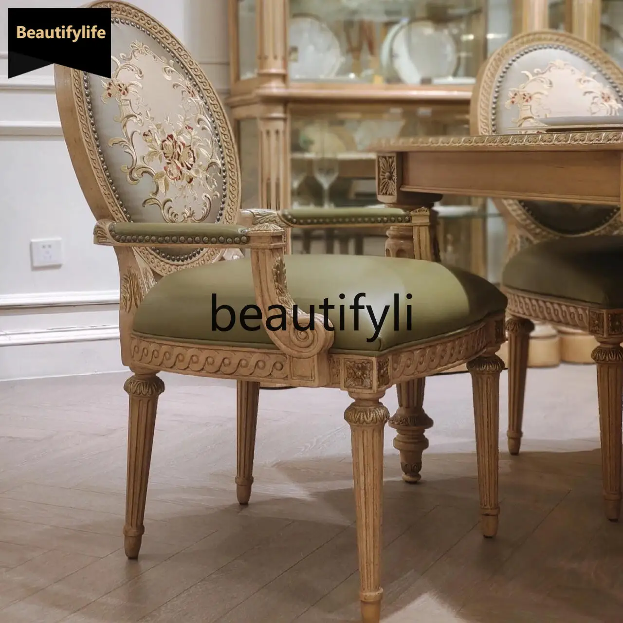 

B67 Европейский французский двор, прямоугольный обеденный стол с резьбой по дереву и цветком, обеденный стул, нефритовый зеленый