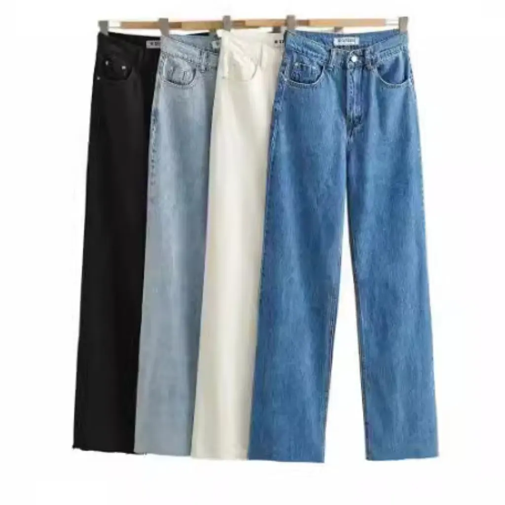 

Женские длинные брюки с завышенной талией и потертым подолом, осенние свободные широкие джинсовые брюки в европейском и американском стиле для похудения