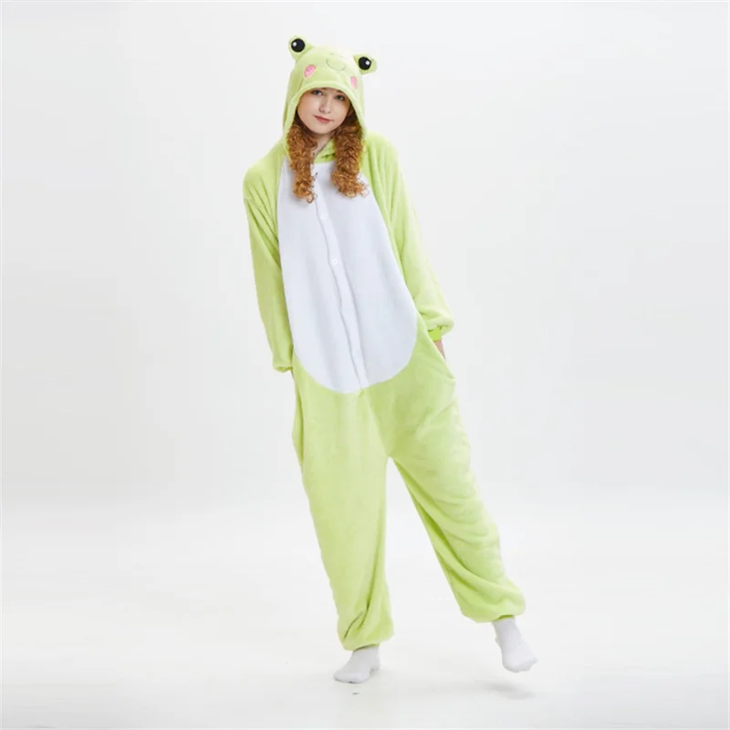 Couples Pajamas Winter Cute Animal Frog Onesies Thermal Flannel Cosplay Costume Long Sleeves One-piece Sleepwear Hooded Onesies