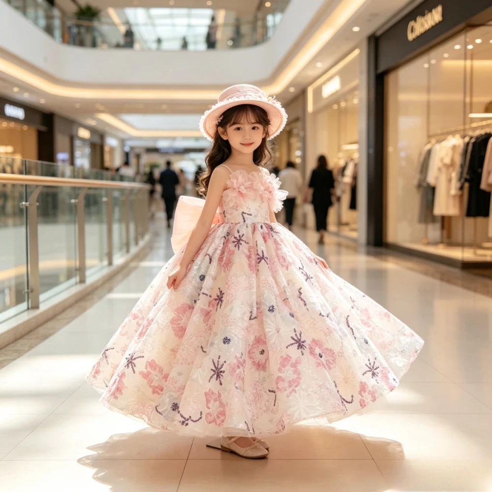 Pink Girls FlowerPerformance Kids Formal Attire Costume Girl Wedding Princess Dress Children Pageant Host Tutu Gown Piano Choir