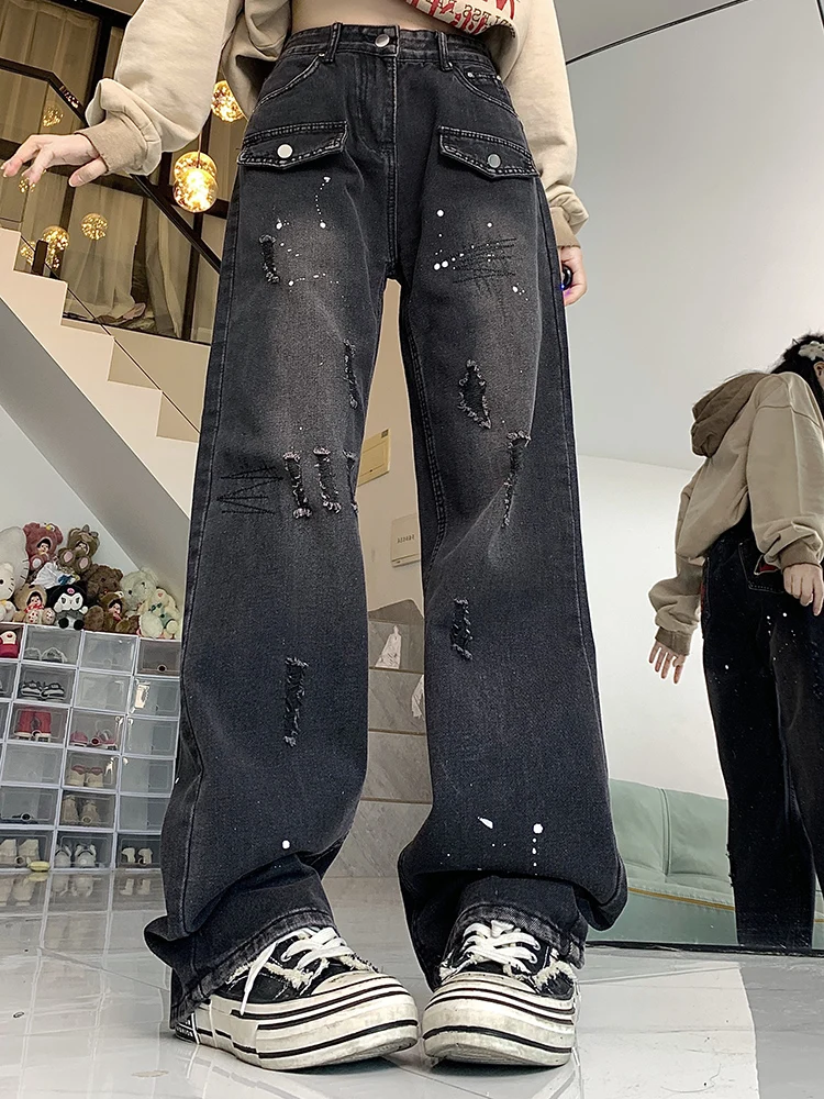 

Woman High Waist American Retro Loose Do Old Washed Straight Leg Jeans Lady Embroidery Splash Ink Slim Patchwork Ripped Trousers